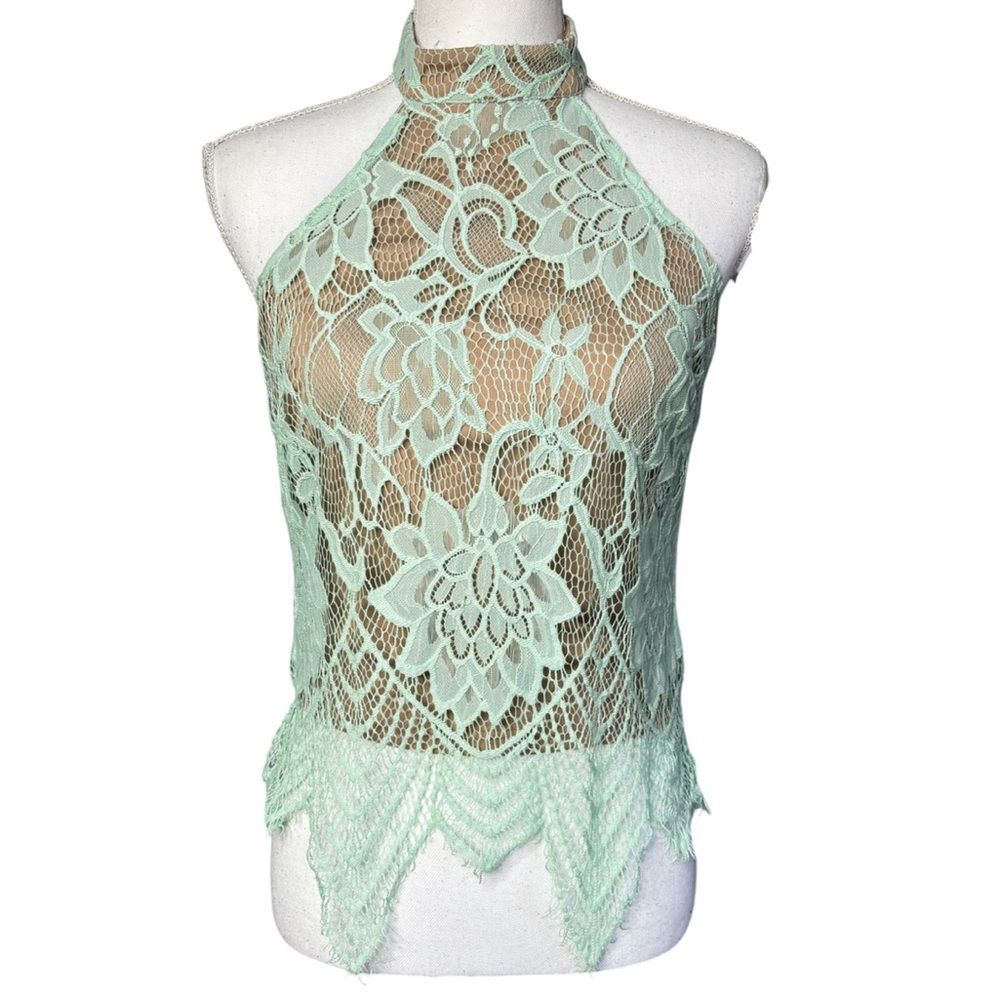 G by Guess Lace Overlay Halter Neck Pointy Hem Top